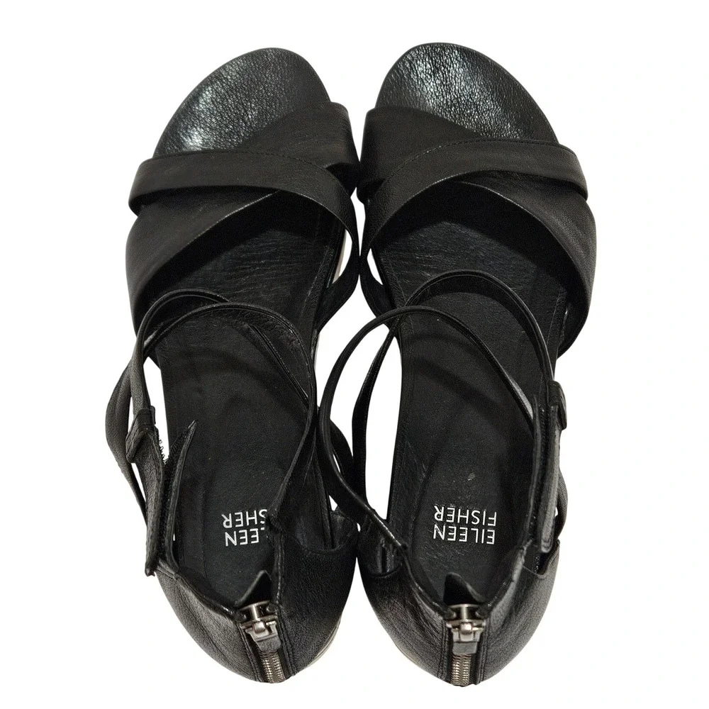 Black Leather‎ Eileen Fisher Sally Platform Wedge Crisscross Sandals Size 9.5